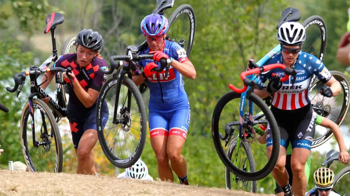 Sophie DeBoer, Katerina Nash and Katie Compton take the lead up the Mt. Krumpt climb. Photo by David Mable/Cyclocross Magazine.