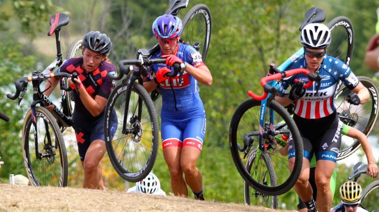 Sophie DeBoer, Katerina Nash and Katie Compton take the lead up the Mt. Krumpt climb. Photo by David Mable/Cyclocross Magazine.