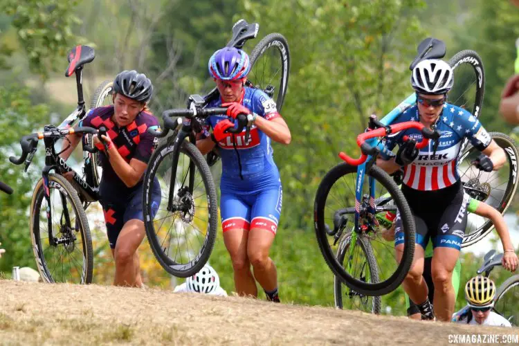 Sophie DeBoer, Katerina Nash and Katie Compton take the lead up the Mt. Krumpt climb. Photo by David Mable/Cyclocross Magazine.