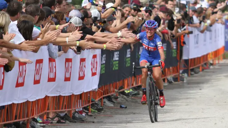 Katerina Nash enjoys her ride to the finish line in the first World Cup race of the season in Iowa City. Photo by David Mable/Cyclocross Magazine.