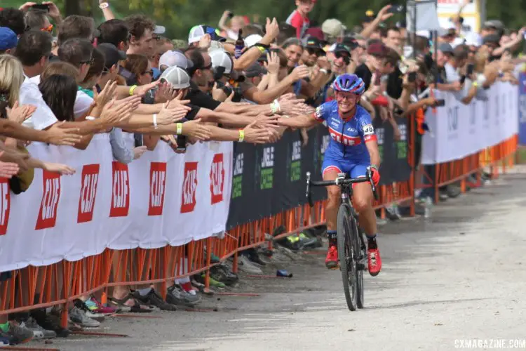 Katerina Nash enjoys her ride to the finish line in the first World Cup race of the season in Iowa City. Photo by David Mable/Cyclocross Magazine.