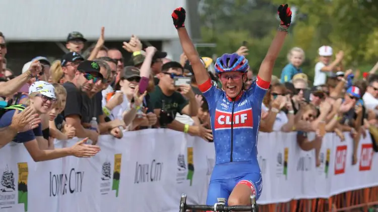 Katerina Nash celebrates her World Cup win at UCI Jingle Cross in Iowa City. Photo by David Mable/Cyclocross Magazine.