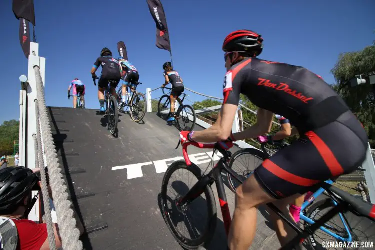 Sonny Gilbert ascends the flyover during the first lap during C2 race on Friday at the Trek CX Cup. © D. Mable / cxmagazine.com