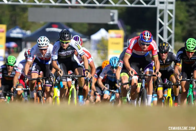 It was a fight to the first corner at the start of the men's C2 race during the Trek CX Cup on Friday. Gianni Vermeersch earned the lead after taking the inside line. © D. Mable / cxmagazine.com