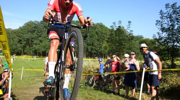 Mathieu van der Poel pops his front tire over the log stairs early in Friday's C2 race at the Trek CX Cup. © D. Mable / cxmagazine.com