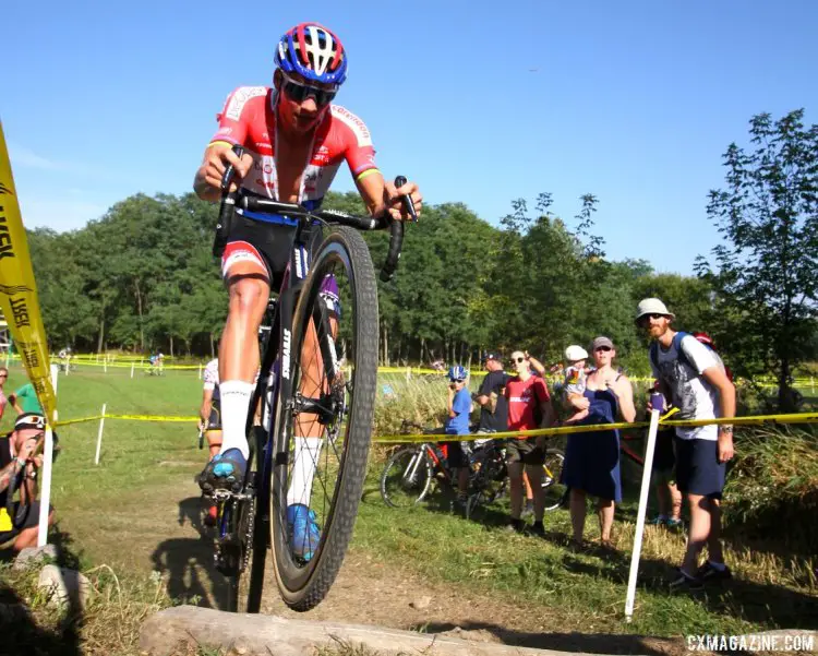 Mathieu van der Poel pops his front tire over the log stairs early in Friday's C2 race at the Trek CX Cup. © D. Mable / cxmagazine.com