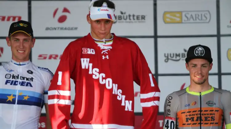 Mathieu van der Poel show's off his new Wisconsin Badger jersey after winning the C2 race at Trek CX Cup. © D. Mable / cxmagazine.com