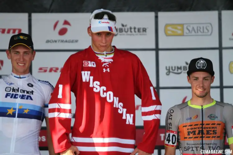 Mathieu van der Poel show's off his new Wisconsin Badger jersey after winning the C2 race at Trek CX Cup. © D. Mable / cxmagazine.com