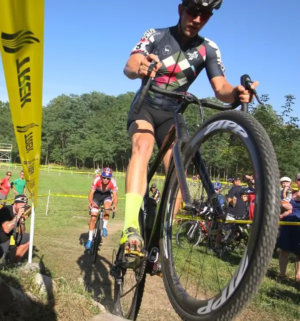 The log staircase is no match for Tobin Ortenblad who pops his front wheel over the top step of the challenging obstacle. Trek CX Cup. © D. Mable / cxmagazine.com