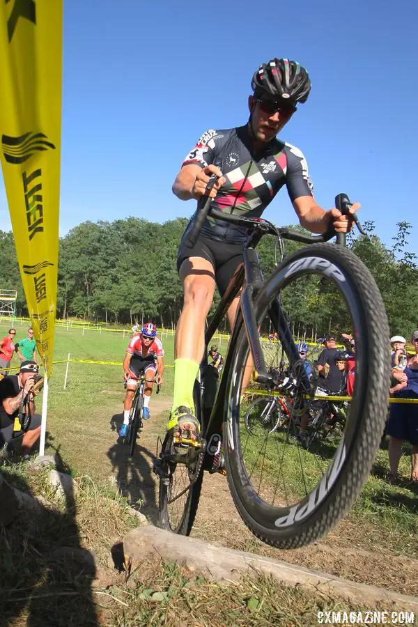The log staircase is no match for Tobin Ortenblad who pops his front wheel over the top step of the challenging obstacle. Trek CX Cup. © D. Mable / cxmagazine.com