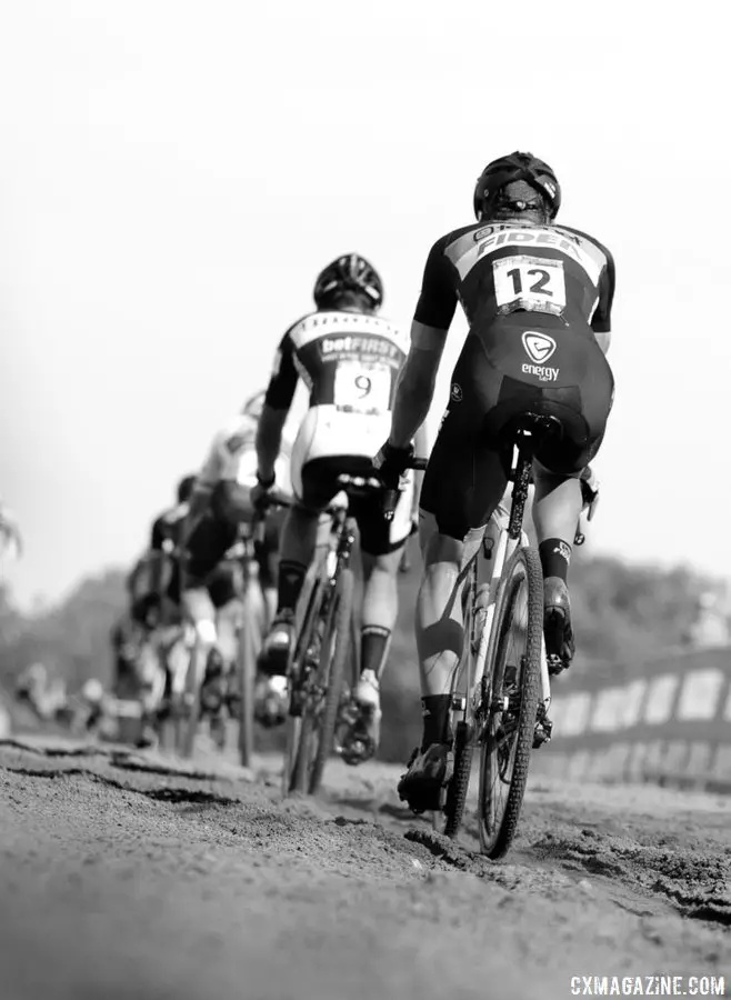 Daan Soete holding on to the train, fighting for top five, at the 2017 Jingle Cross World Cup. He would finish 11th. © A. Yee / Cyclocross Magazine
