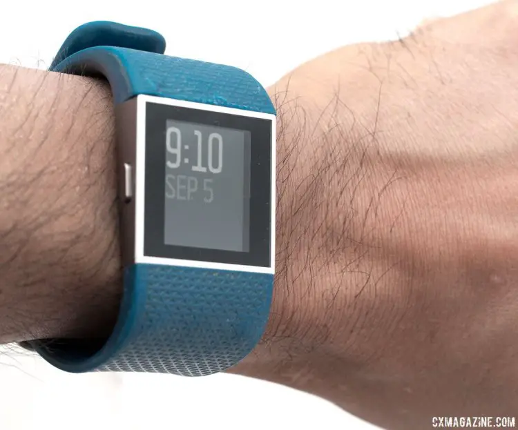 Fitbit Surge GPS/heartrate monitor smart watch comes in different colors isn't so big that it looks out of place as a daily watch. © Cyclocross Magazine