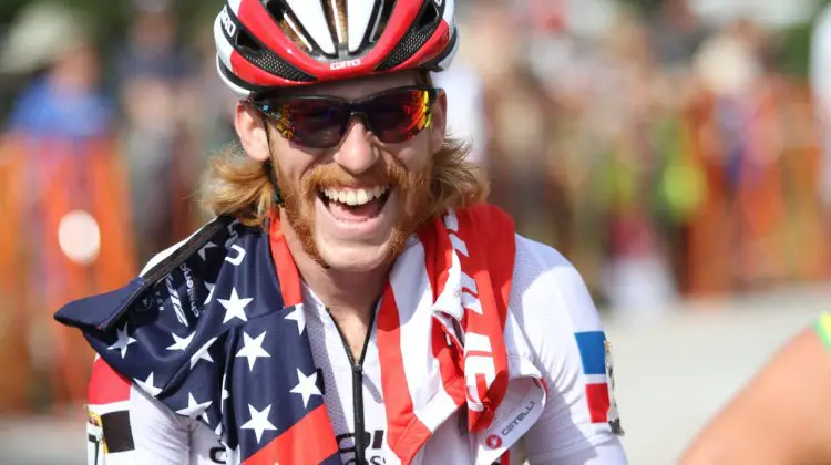 U.S. National Champion Stephen Hyde appears relaxed and jovial before the start of the 2017-18 World Cup season at Jingle Cross in Iowa City. 2017 Jingle Cross World Cup, Elite Men. © D. Mable / Cyclocross Magazine