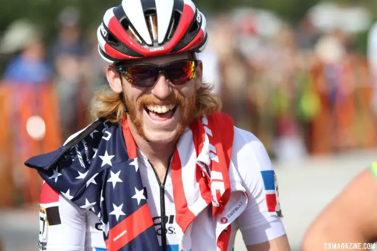 U.S. National Champion Stephen Hyde appears relaxed and jovial before the start of the 2017-18 World Cup season at Jingle Cross in Iowa City. 2017 Jingle Cross World Cup, Elite Men. © D. Mable / Cyclocross Magazine