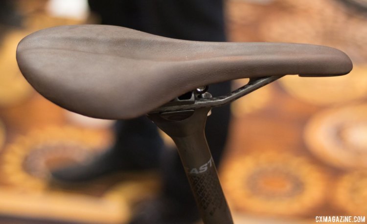 LandYachtz's heat-moldable saddles have a hidden plug that allows you to warm the saddle and conform it to your posterior. The finish is genuine leather, with a beeswax finish made from bees on the property. Interbike 2017 © Cyclocross Magazine