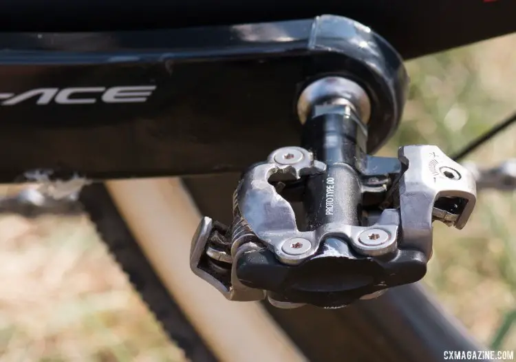 Mathieu van der Poel's Shimano prototype pedal features shaved sides to deliver better mud performance, save a few grams, and less shoe-to-pedal contact over the stock XTR and XT pedals. © Cyclocross Magazine