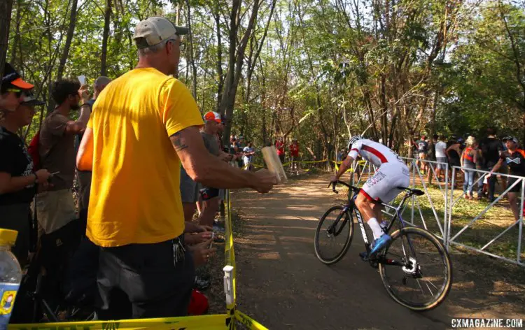 A fan cheers Mathieu van der Poel (Beobank-Corendon) through the woods. 2017 World Cup Waterloo Elite Men. © D. Mable / Cyclocross Magazine