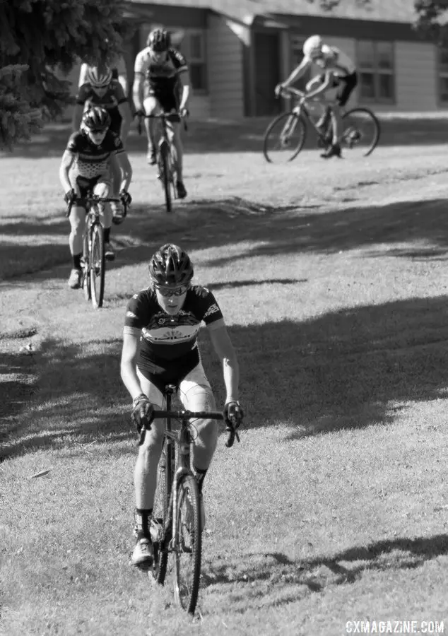 Nathan Knowles leads campers around Friday's mini race course. 2017 Montana Cross Camp © Cyclocross Magazine