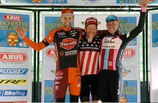 2017 Rochester Cyclocross Day 1 podium: Stephen Hyde, Rob Peeters and Jeremy Powers