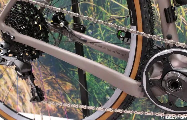 The Rondo Ruut CF1 carbon gravel bike takes a design queue from Open Cycles' U.P. with asymmetrical chainstays, with the right side dropped for chainring clearance. Interbike 2017 © Cyclocross Magazine