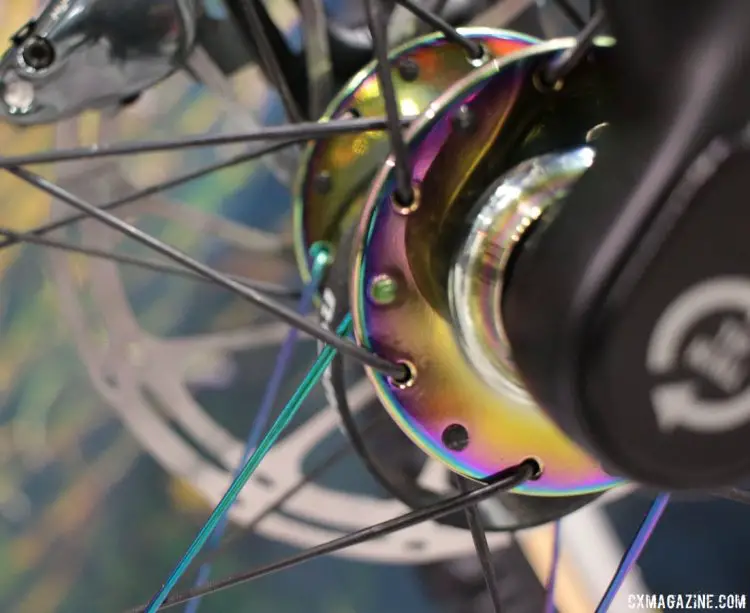 The Rondo Ruut CF1 carbon gravel bike was shown with anodized spokes and hubs that reminded us of the Marwi Ti-Dye spokes from years ago. Interbike 2017 © Cyclocross Magazine