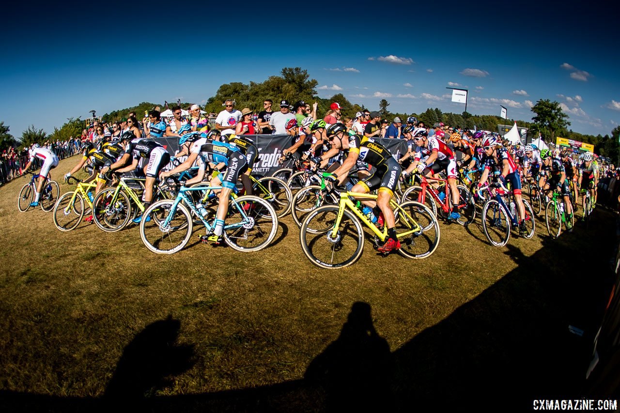 Last year's start got kind of congested at the first turn. 2017 World Cup Waterloo © J. Curtes / Cyclocross Magazine