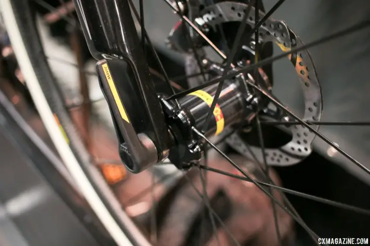 The new Mavic Speed Release system should allow for quick wheel changes and easy lever alignment. The updated 2018 Van Dessel Full Tile Boogie carbon cyclocross bike. Interbike 2017 © Cyclocross Magazine