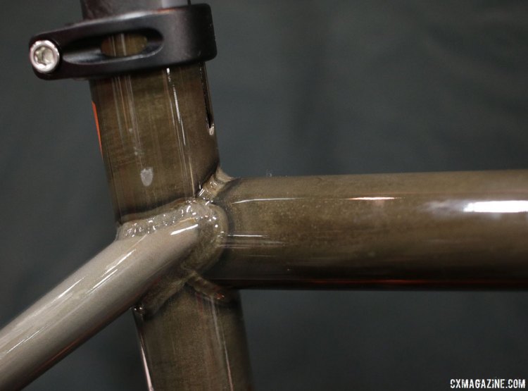 The new 2018 Van Dessel WTF 853 LTD has a unique phosphate finish over the raw metal, which is supposed to last much longer than a standard clear coat. Interbike 2017 © Cyclocross Magazine