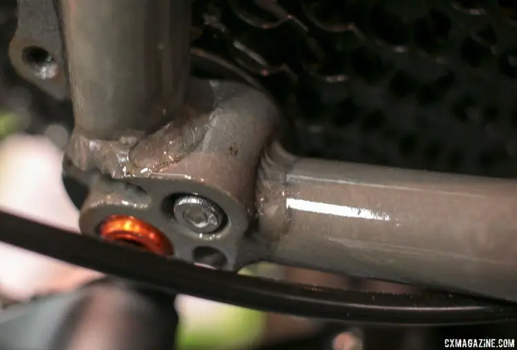 The new 2018 Van Dessel WTF 853 LTD sheds the curved dual top tubes and massive weight from the standard WTF, adds a 44mm head tube, is belt drive compatible and comes with the limited edition handlebar bag. Interbike 2017 © Cyclocross Magazine