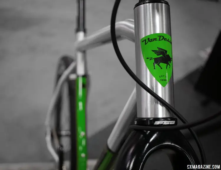 The Van Dessel Country Road Bob is back after a 12-year hiatus, and still keeps true to its green roots, but also shines with a Scotch-Brite finish. Singlespeed or geared. Interbike 2017 © Cyclocross Magazine