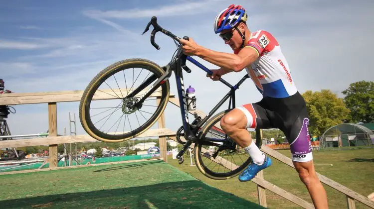 The flyover stairs was the only dismount Mathieu van der Poel was forced to make. 2017 Jingle Cross World Cup, Elite Women. © D. Mable / Cyclocross Magazine