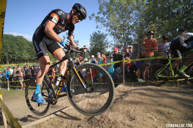 Travis Livermon (Maxxis Shimano) hops up and over the stairs. 2017 World Cup Waterloo Elite Men. © D. Mable / Cyclocross Magazine