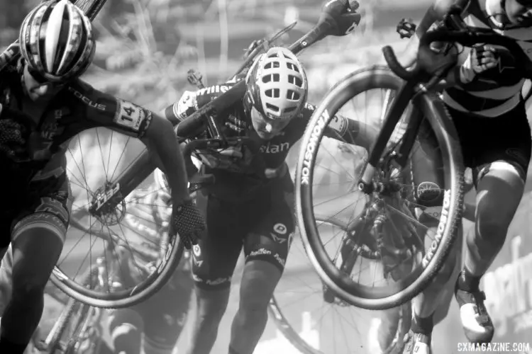 Loes Sels and others climb the steep run-up. 2017 World Cup Waterloo Elite Women. © D. Mable / Cyclocross Magazine