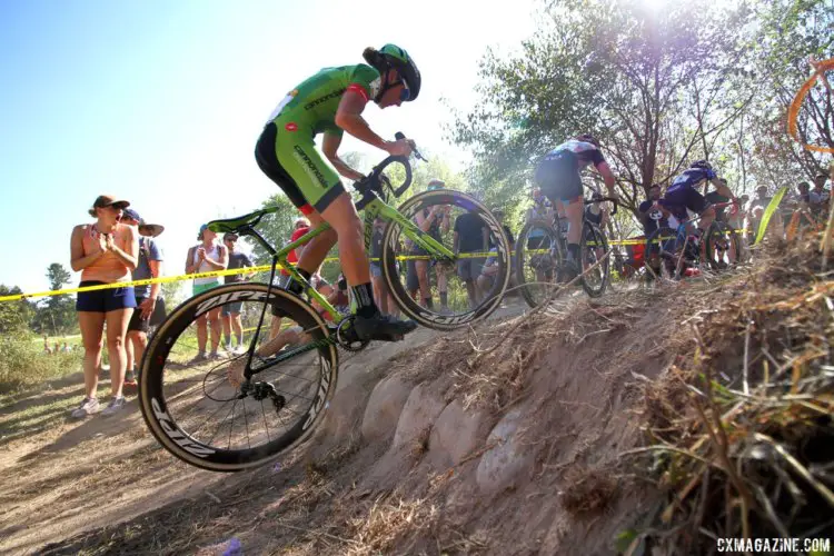 Kaitie Keough goes up and over the rock ledge. 2017 World Cup Waterloo Elite Women. © D. Mable / Cyclocross Magazine