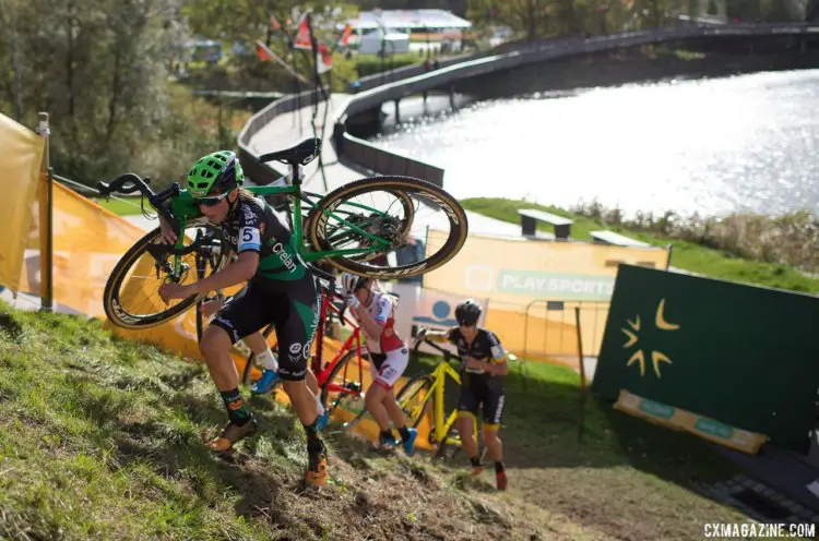 Maud Kaptheijns leads the women up the run-up. 2017 Cyclocross Superprestige Niels Albert, Race #3 - Boom, BEL © Balint Hamvas / Cyclocross Magazine