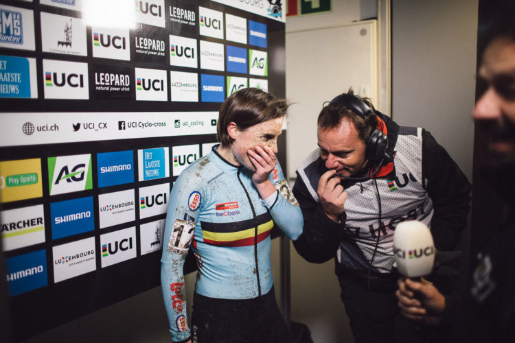 Sanne Cant tries to hold in the emotions after winning the World Championship in Bieles. 2017 UCI Cyclocross World Championships, Bieles, Luxembourg. © B. Hamvas / cyclephotos.co.uk