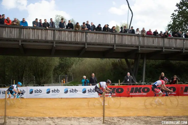 Before the crash: Mathieu van der Poel leading Van Aert and Pauwels. Elite Men, Cyclocross Superprestige Niels Albert #3 - Boom, BE. © Balint Hamvas / Cyclocross Magazine