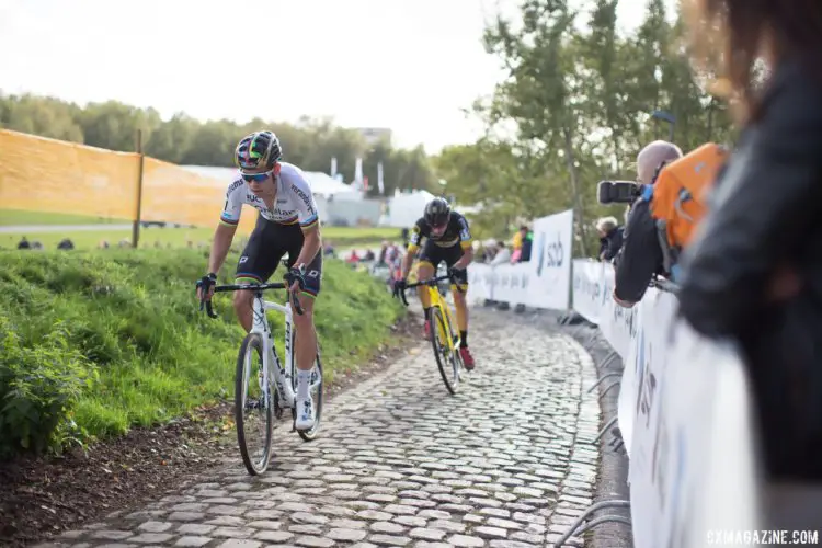 Wout van Aert in control after a Mathieu van der Poel crash. Elite Men, Cyclocross Superprestige Niels Albert #3 - Boom, BE. © Balint Hamvas / Cyclocross Magazine