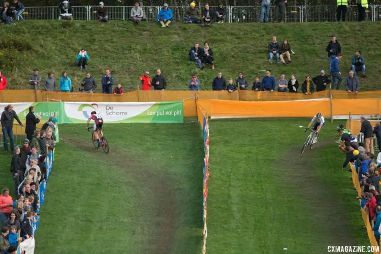 Wout van Aert with time to survey his gap over Laurens Sweeck. Elite Men, Cyclocross Superprestige Niels Albert #3 - Boom, BE. © Balint Hamvas / Cyclocross Magazine