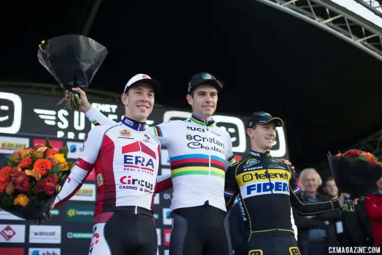 Elite Men's podium. Laurens Sweeck, Wout van Aert, Lars van der Haar. Cyclocross Superprestige Niels Albert #3 - Boom, BE. © Balint Hamvas / Cyclocross Magazine