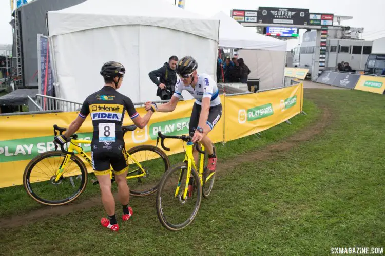 Lars van der Haar and Toon Aerts share congrats after Sunday's race. 2017 Superprestige Ruddervoorde. © B. Hamvas / Cyclocross Magazine
