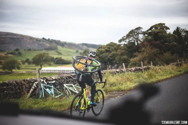 Neutral support is equipped with whatever helpers can carry. 2017 Three Peaks Cyclocross. © D. Monaghan / Cyclocross Magazine