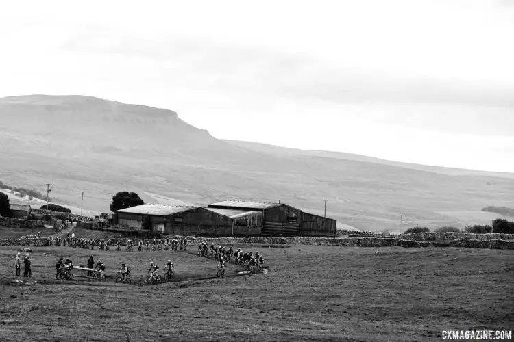 Riders snake out along the Three Peaks route in the shadow of one of the eponymous peaks. 2017 Three Peaks Cyclocross. © D. Monaghan / Cyclocross Magazine