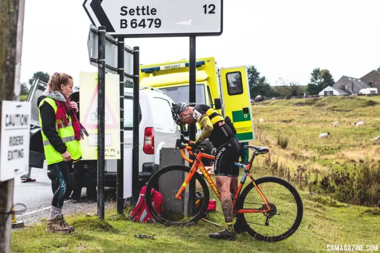 Riders will often leave caches of water and supplies in key places, even on road signs. 2017 Three Peaks Cyclocross. © D. Monaghan / Cyclocross Magazine