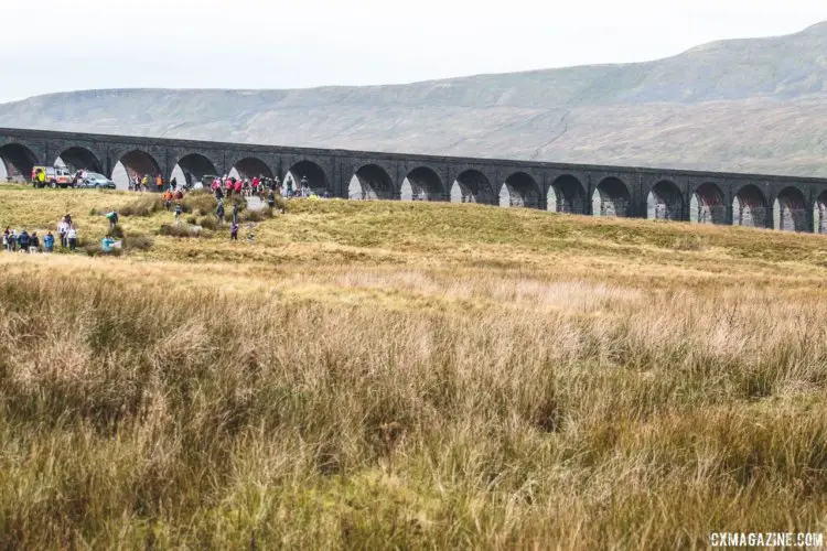 Spectators and support vehicles congregate near the Ribblehead Viaduct. 2017 Three Peaks Cyclocross. © D. Monaghan / Cyclocross Magazine
