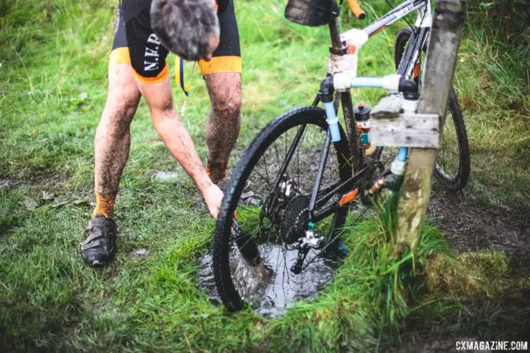 Power washers are few and far between at the finish, so riders have to improvise to clean off the Yorkshire mud. 2017 Three Peaks Cyclocross. © D. Monaghan / Cyclocross Magazine