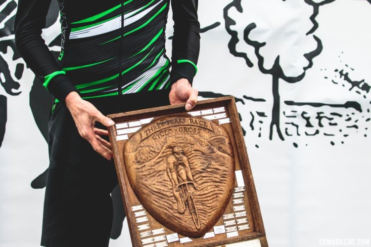 Winners of 3 Peaks get their names emblazoned on this unique trophy that they get to retain for the next year. 2017 Three Peaks Cyclocross. © D. Monaghan / Cyclocross Magazine