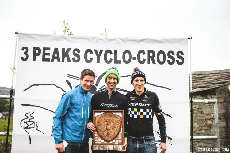 Men's podium: Paul Oldham, David Mirfield and Alexander Forrester. 2017 Three Peaks Cyclocross. © D. Monaghan / Cyclocross Magazine