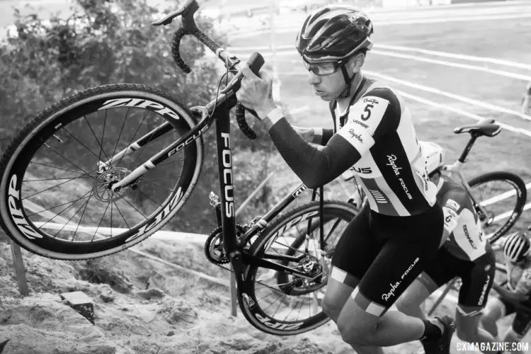 Jeremy Powers (Aspire Racing) heads up one of the run-ups. 2017 KMC Cross Fest Day 1 (Friday) © J. Curtes / Cyclocross Magazine