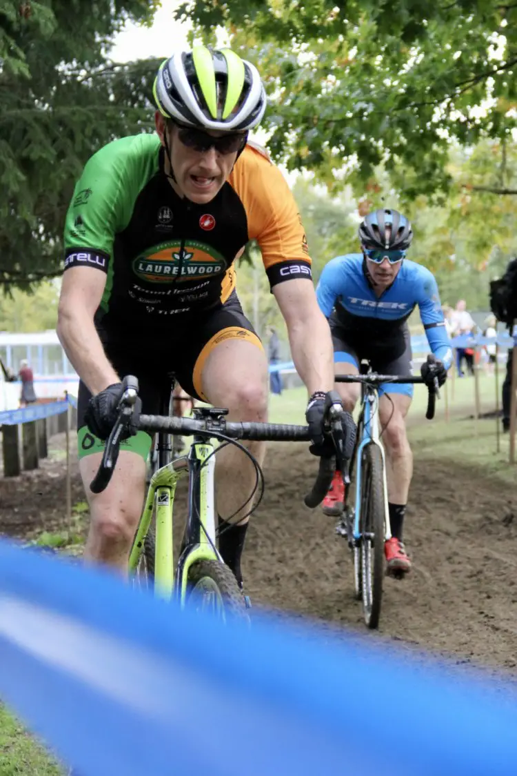 Master's 35+ Elites Team Oregon's Nicholas Wood tried really hard to win today's race, but Trek's Shannon Skerritt played 'Cat and Mouse' perfectly. © M. Estes / Cyclocross Magazine